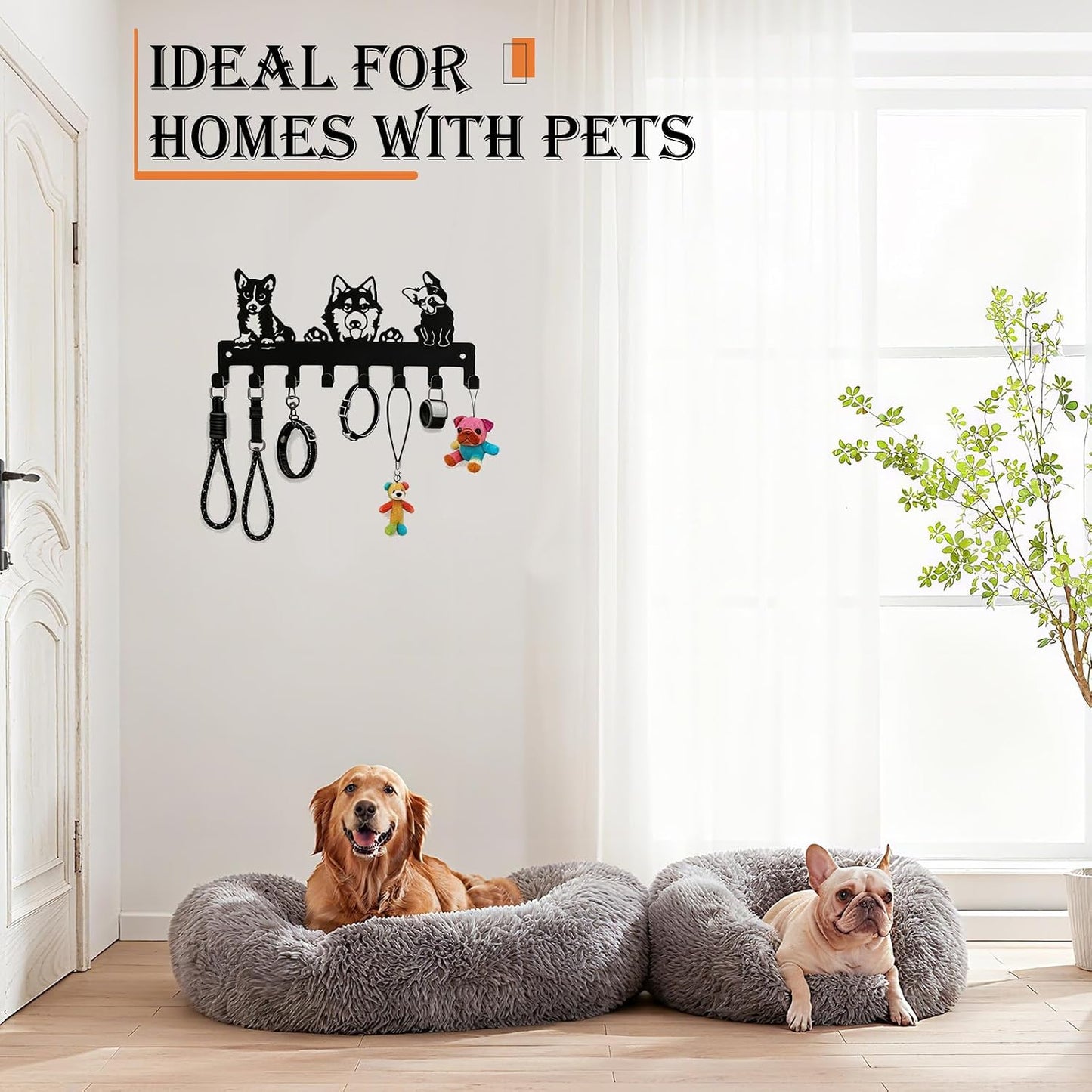 Dog Leash Holder for Wall, Key Holder Mount with 5 Metal Hooks, Pet Leash and Key Organizer, Screw Mounted Rack for Leashes Keys Collars, Entryway Garage Mudroom