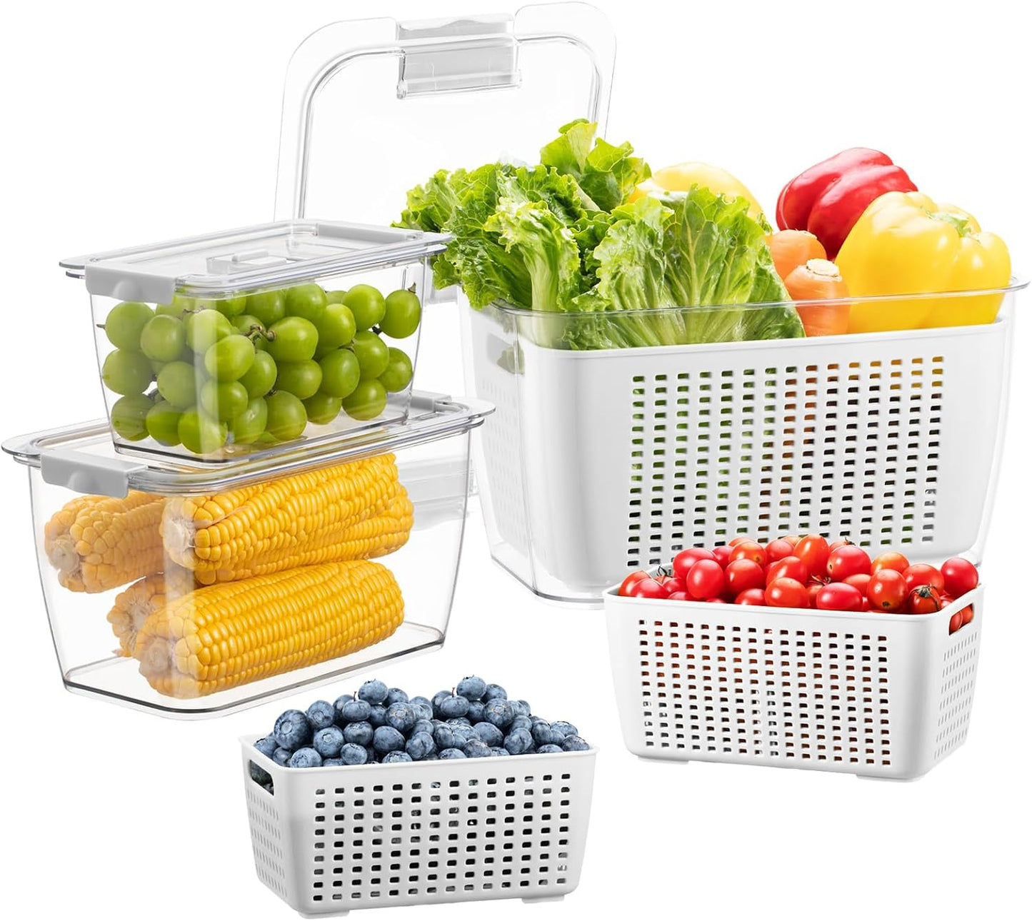 LUXEAR 4 Pack Fruit Vegetable Containers for Fridge, Produce Saver Container with Lids &Removable Colander BPA-free Refrigerator Storage Organizer for Fruit Vegetable, Berry, Meat keep Fresh Longer | BPA Free with Removable Colanders Leak-proof Fridge