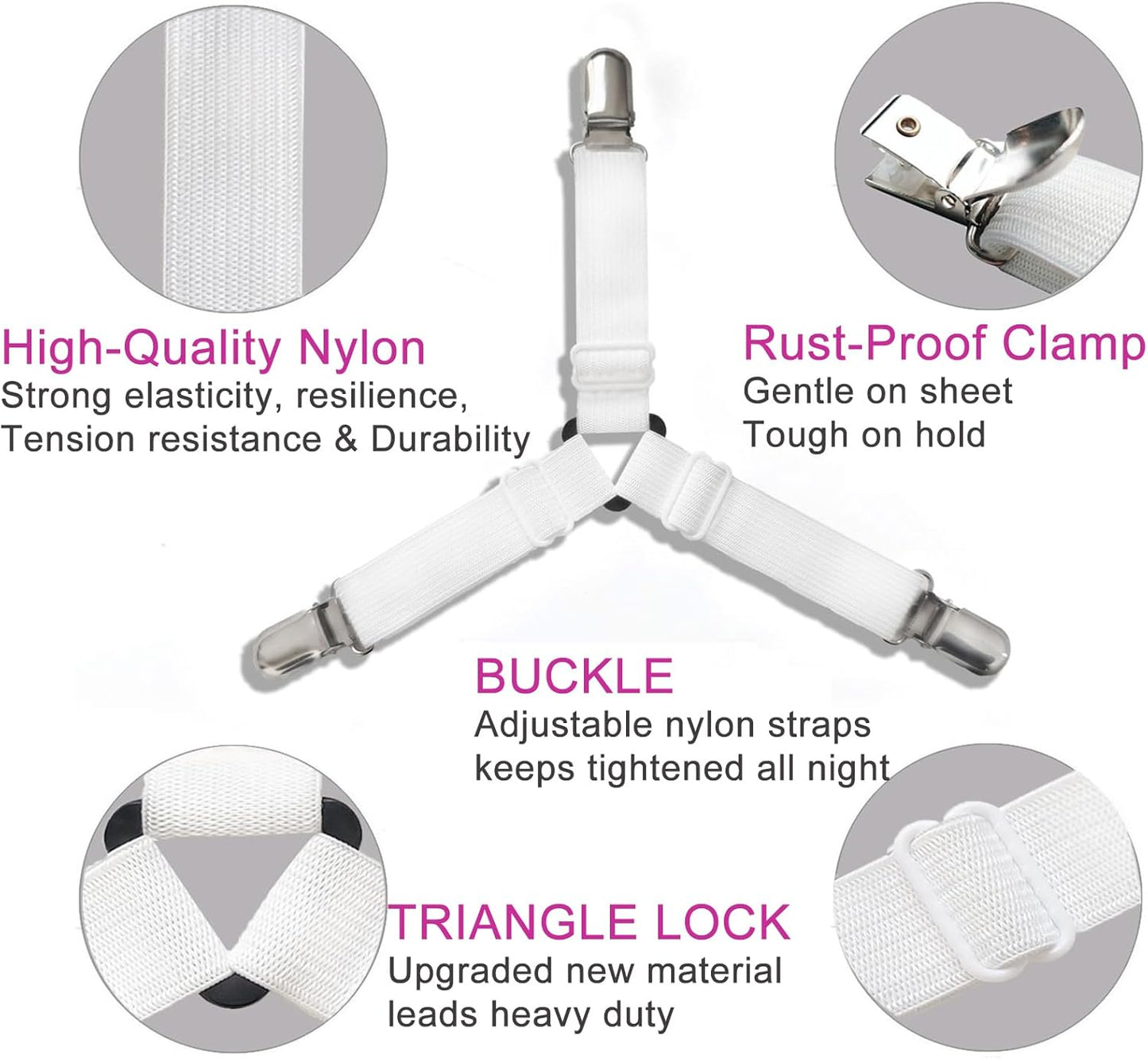4 Pack Bed Sheet Holder Straps, Sheet Fastaner for Fitted Sheets | Adjustable Elastic Sheet Keepers with Metal Clips, Keep in Place Fitted Bedding Straps, Firm Tight Suspenders for Mattress