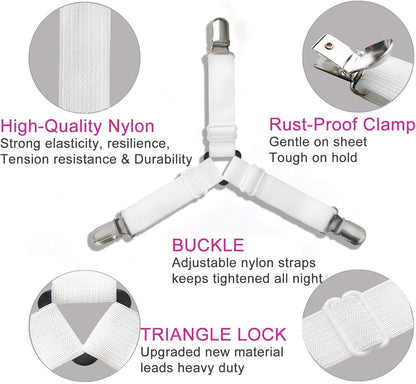 4 Pack Bed Sheet Holder Straps, Sheet Fastaner for Fitted Sheets | Adjustable Elastic Sheet Keepers with Metal Clips, Keep in Place Fitted Bedding Straps, Firm Tight Suspenders for Mattress