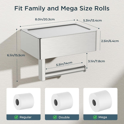 FORIOUS Toilet Paper Holder with Shelf, Wall-Mounted Modern Wipes Dispenser | Brushed Nickel | Toilet Paper Holder with Storage for Bathroom | Fits Wipes, Sanitary Napkin, Tampon | 8.0"x5.3" Large Shelf