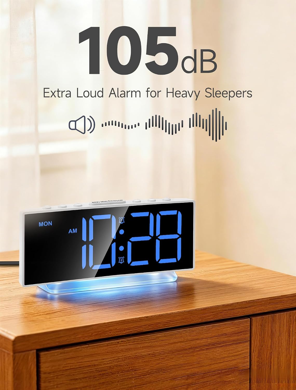 Cadmos Digital Alarm Clock - Extra Loud for Heavy Sleepers Adults Teens Kids, Rainbow Bedside Clock for Bedrooms, Large Display, 7 Color Night Light, Weekday & Weekend, 12/24h (Black+Dynamic)