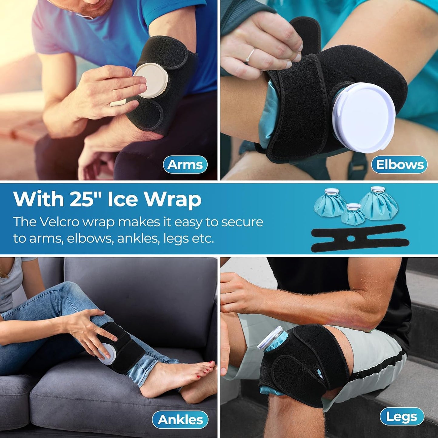 Ice Bags for Injuries Reusable: Ohuhu 3 Packs Ice Cold Packs with 2 Wrap Ice Bag Hot Water Hot & Cold Therapy Pain Relief for Knee Leg Injury No-Leak Waterproof Ice Bags 3 Sizes 6"/9"/11", Light Blue