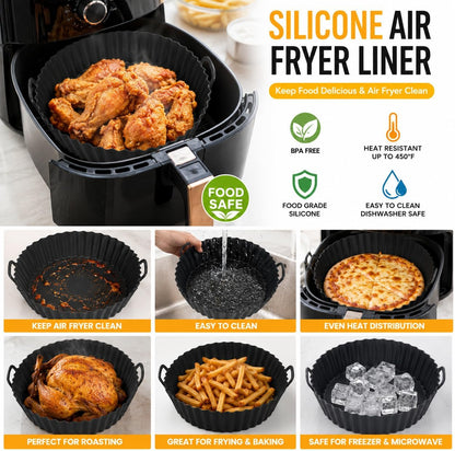 Reusable Silicone Air Fryer Liner, Non-Stick Basket Liner, BPA Free Food Grade Silicone, Dishwasher Safe, Heat Resistant up to 450°F, Fits Most Air Fryers, 8 Inch, Black