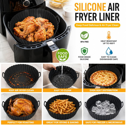 Reusable Silicone Air Fryer Liner, Non-Stick Basket Liner, BPA Free Food Grade Silicone, Dishwasher Safe, Heat Resistant up to 450°F, Fits Most Air Fryers, 8 Inch, Black