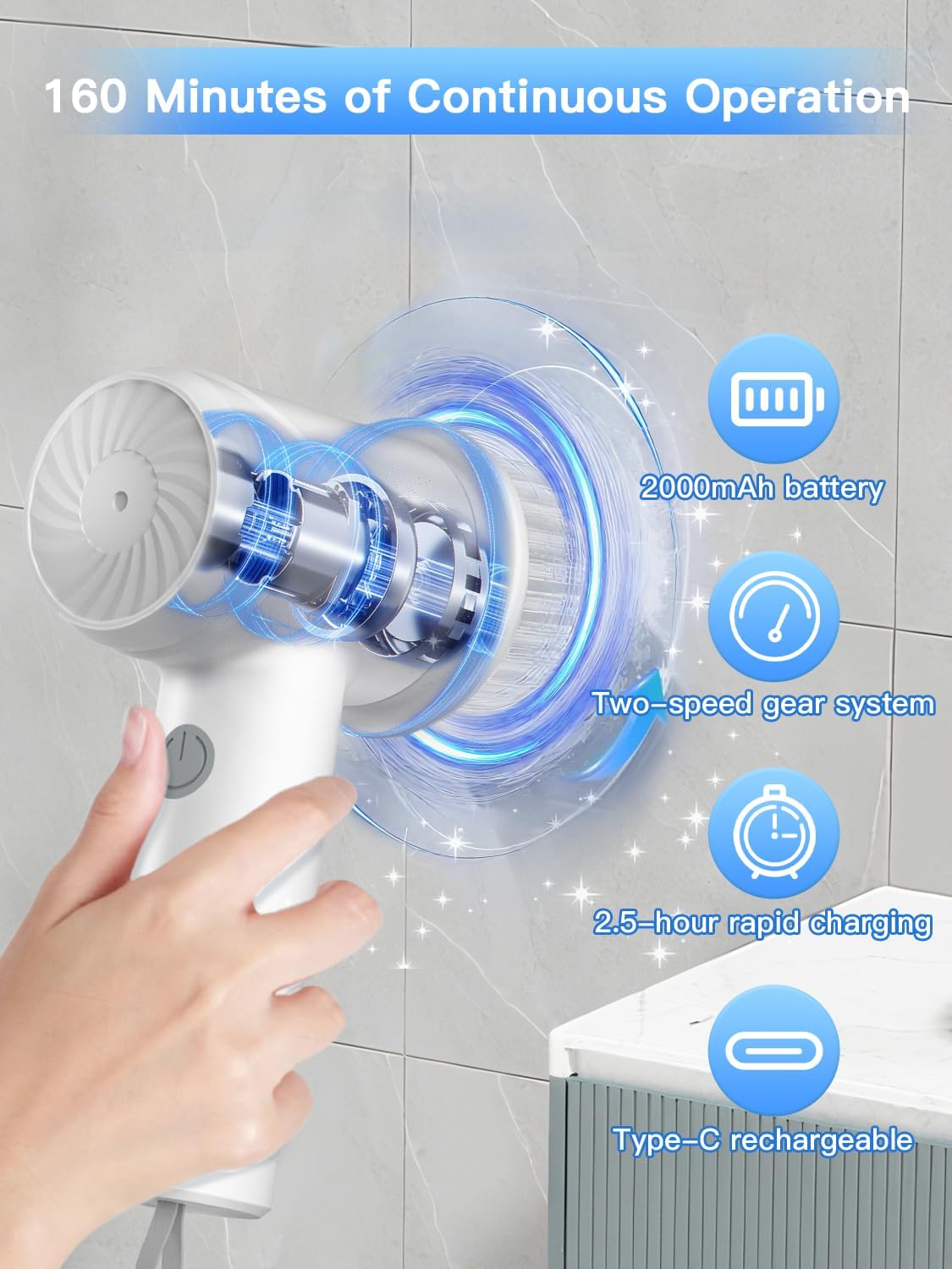 Electric Spin Scrubber - Cordless IPX7 Waterproof Shower Scrubber with 2 Speed Settings and 6 Replaceable Heads，Electric Cleaning Brush for Bathroom，Kitchen and Windows