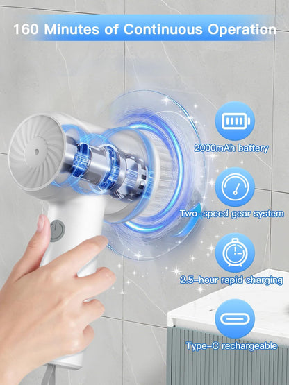Electric Spin Scrubber - Cordless IPX7 Waterproof Shower Scrubber with 2 Speed Settings and 6 Replaceable Heads，Electric Cleaning Brush for Bathroom，Kitchen and Windows