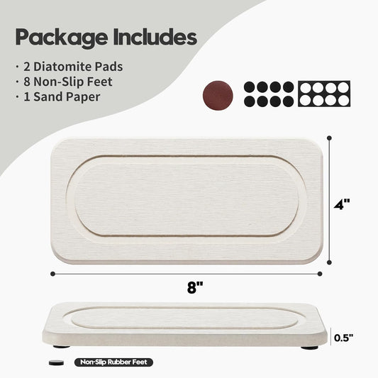 3 Pack Water Absorbent Diatomite Coasters, Stone Drying Mat for Kitchen Counter, Bathroom Sink Organizer Tray, Compact Vanity Rack, Soap Holder Caddy, Faucet Splash Guard, White 8"x3.8"