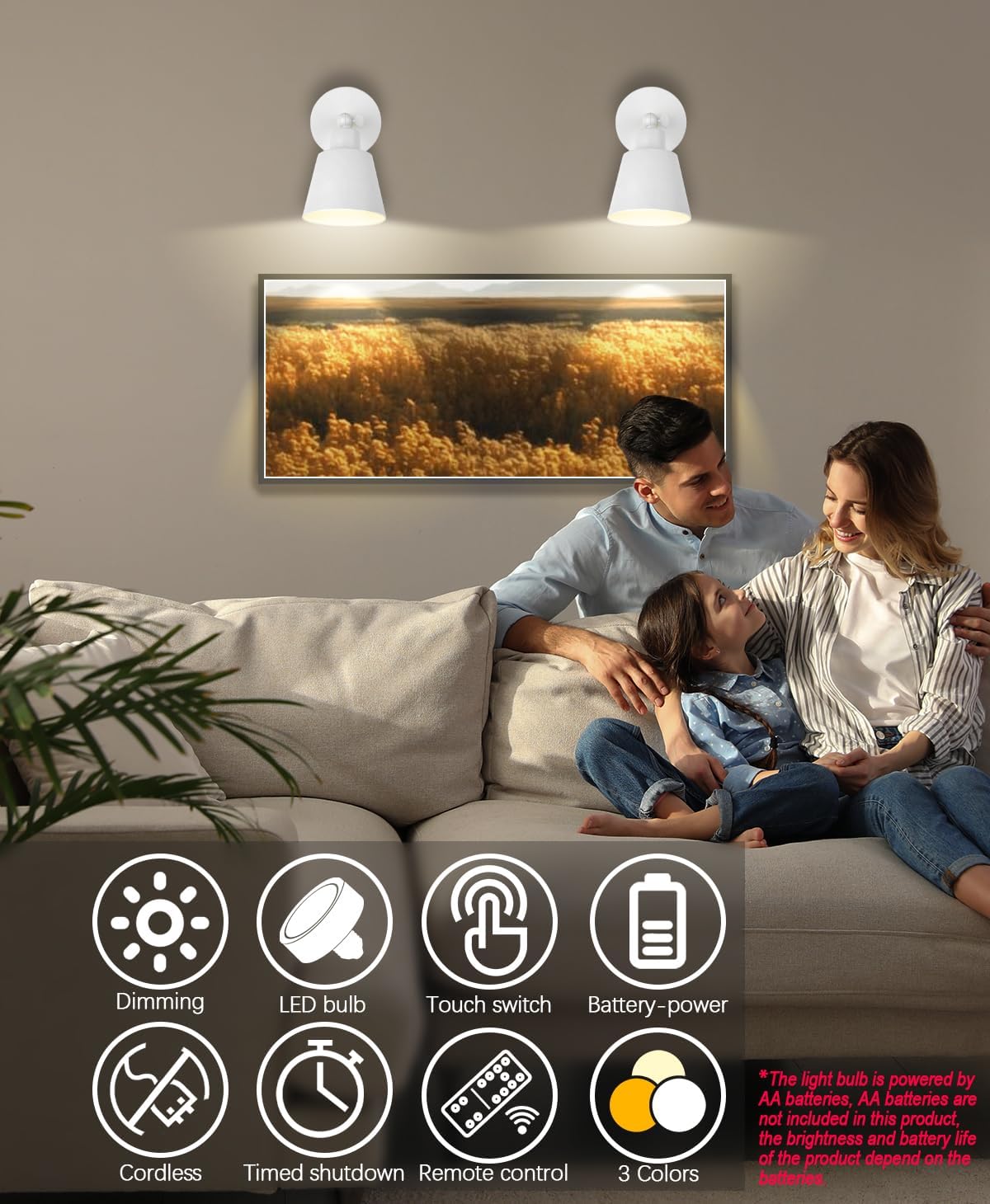 Black Battery Operated Wall Sconce Set of Two, Easy to Install Wireless Lights for Wall, Remote Control Dimmable LED Lights, Auto Timer Wall Lamp Fixtures for Bedroom, Gallery, Living Room, RV