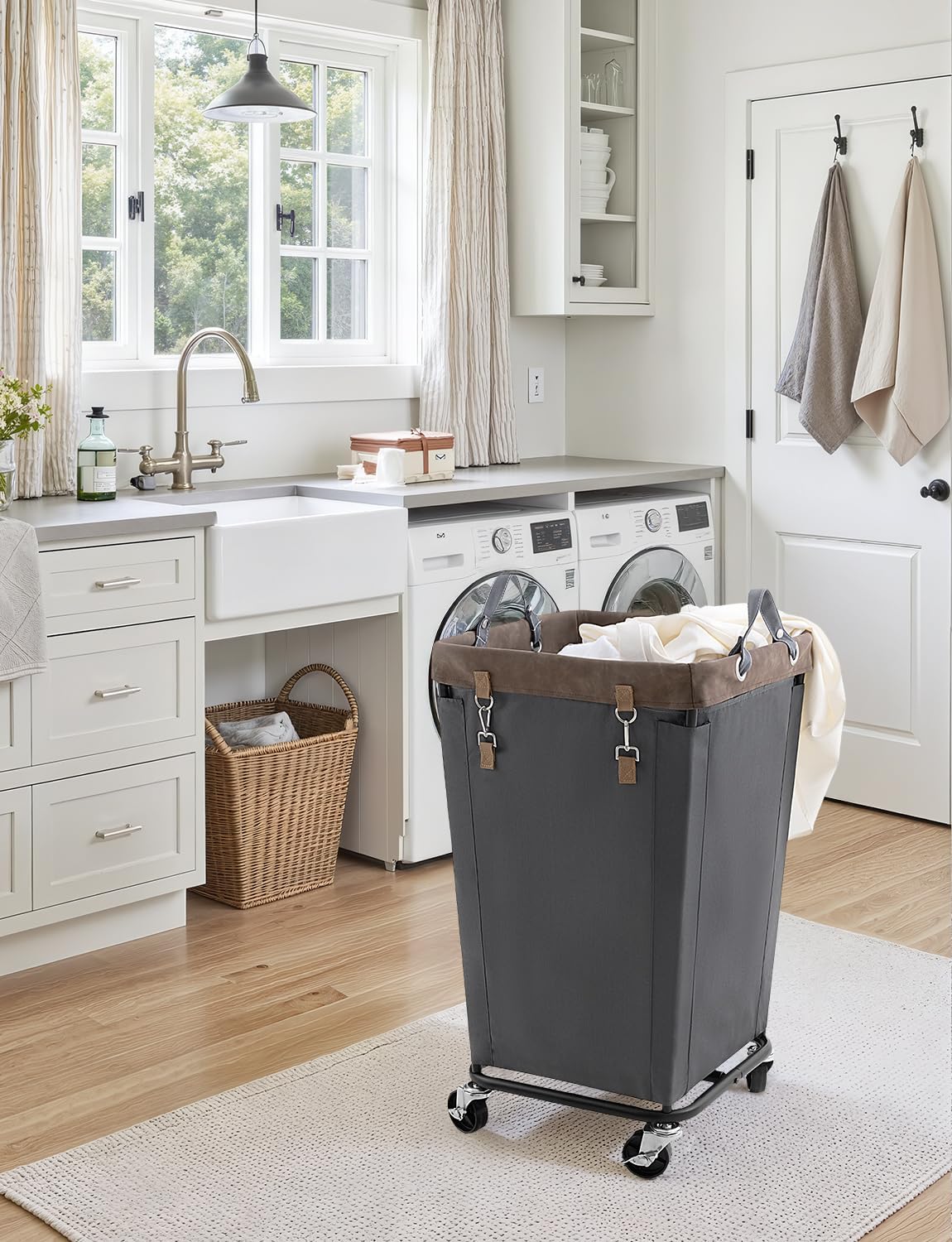 StorageWorks 160L Laundry Basket with Wheels, Rolling Hampers for Clothing | Beige Laundry Basket with Wheels, Metal Frame & Handles, Rolling Hamper for Bedroom, Bathroom, Dorm, Hotel