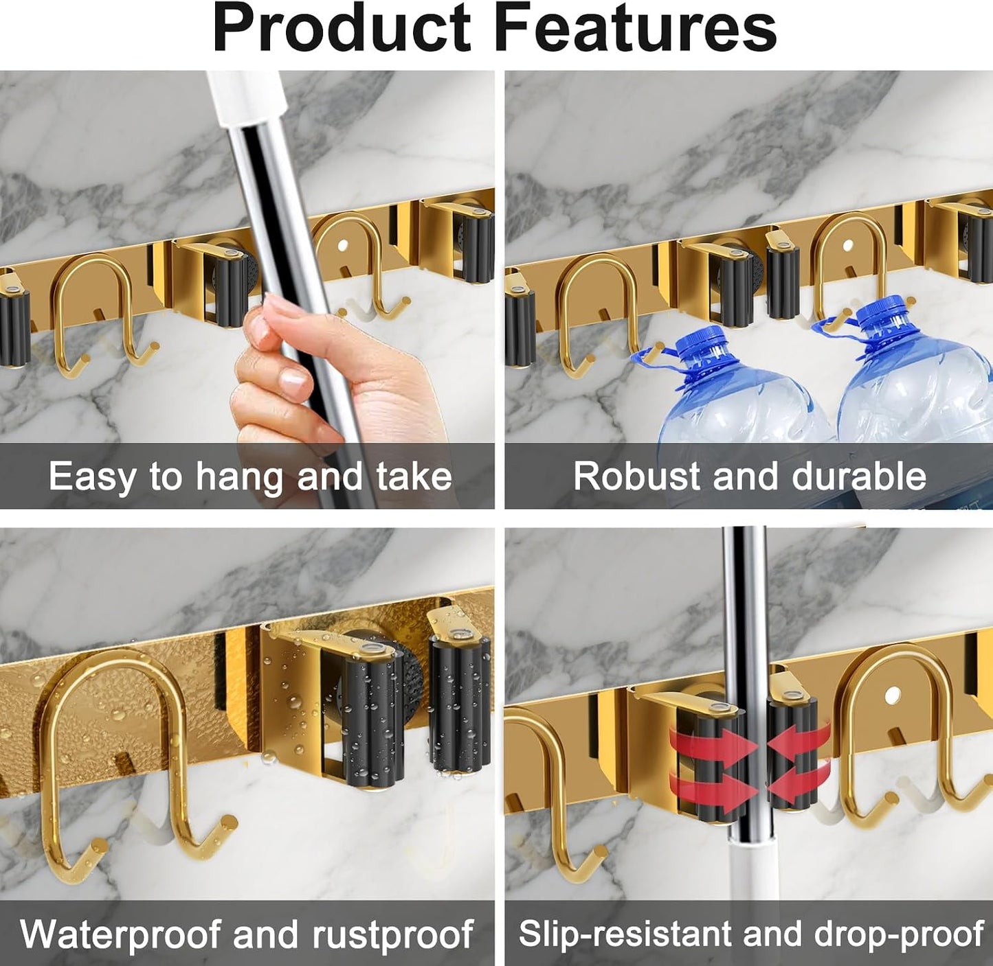 Mop Broom Holder Wall Mount, Gold Stainless Steel Tool Storage Organizer for Kitchen Garden Garage Laundry Room Bathroom and RV with 4 Slots 6 Hooks