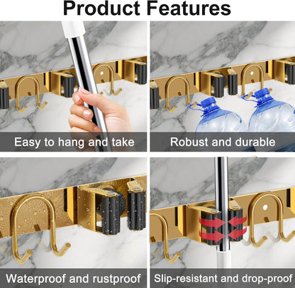 Mop Broom Holder Wall Mount, Gold Stainless Steel Tool Storage Organizer for Kitchen Garden Garage Laundry Room Bathroom and RV with 4 Slots 6 Hooks