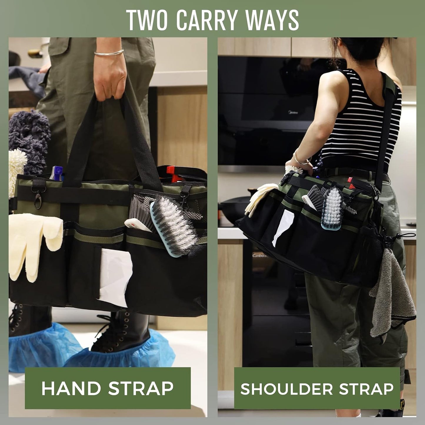 SCAVATA Wearable Cleaning Caddy, Cleaning Caddy Supplies Organizer with Handle & Shoulder Straps for Housekeepers, Under Sink & Car Cleaning Tool Organizers Bag with 4 Foldable Divider (NavyBlue)
