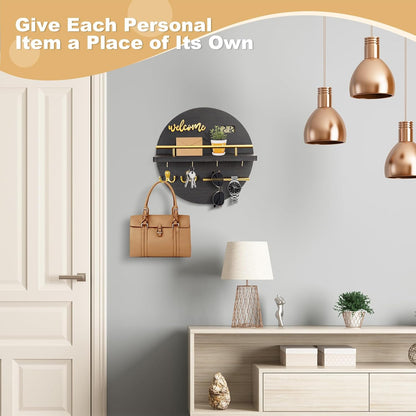 Key Holder for Wall, Key and Mail Holder Organizer with - Key Holder Wall Mount - Round Wooden Rustic Home Decor for Entryway, Mudroom, Hallway, Kitchen Office (Black)
