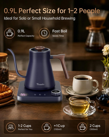 Gooseneck Electric Kettle with Temperature Control, 0.9L, Black | ±1°F Precision Pour Over Kettle, LCD Dual Display, Smart Two-Stage Heating, 2H Keep Warm, 304 Stainless Steel Interior
