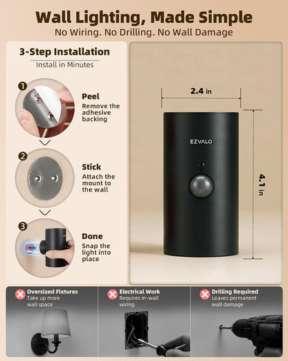 EZVALO Motion Sensor Wall Sconces with Remote, Rechargeable Battery Operated 4000mAh Wall Lights, 3 Color Temperatures & 12 RGB, Wireless LED Lighting for Hallway, Living Room (Brushed Gold, 2 Pack)