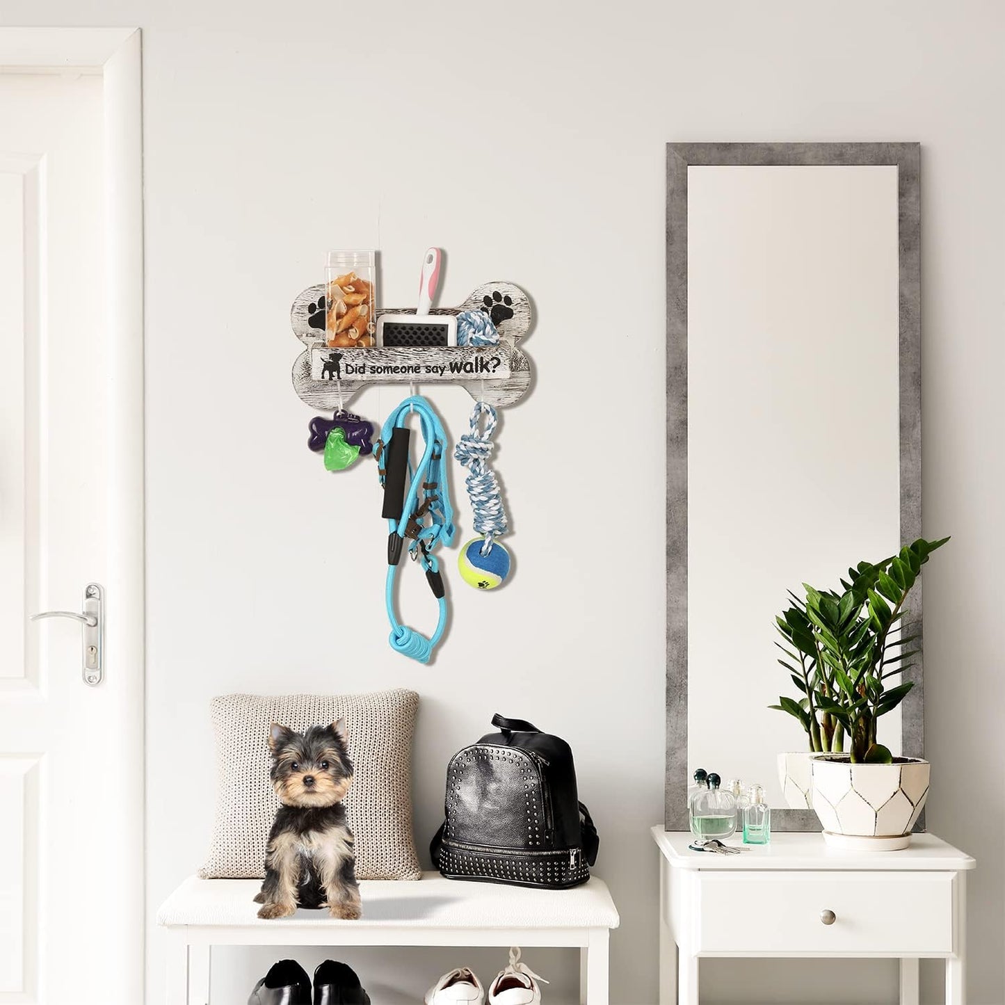 J JACKCUBE DESIGN Rustic White Bone Shape Wall Mounted Dog Leash Holder with 3 Key Holder Hooks and Extra Storage Compartment Box Shelf for Pet Treats, Accessories and more - MK679A