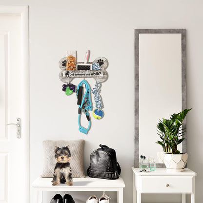 J JACKCUBE DESIGN Rustic White Bone Shape Wall Mounted Dog Leash Holder with 3 Key Holder Hooks and Extra Storage Compartment Box Shelf for Pet Treats, Accessories and more - MK679A