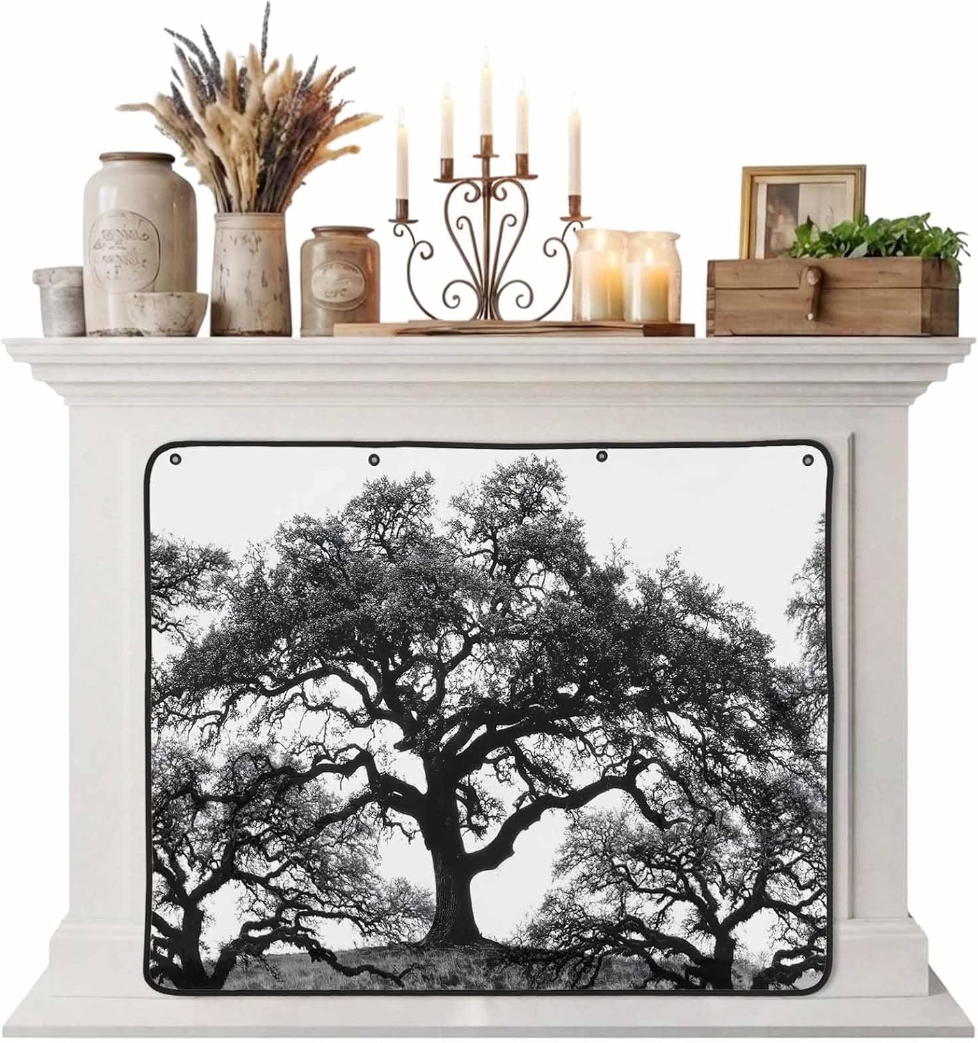 Magnetic Fireplace Cover Oak Tree Forest Fireplace Screen Decorative Black Deep Roots Branches Insulation Fireplace Blocker Blanket Save Energy Fireplace Draft Stopper Covers for Living Room 36x30
