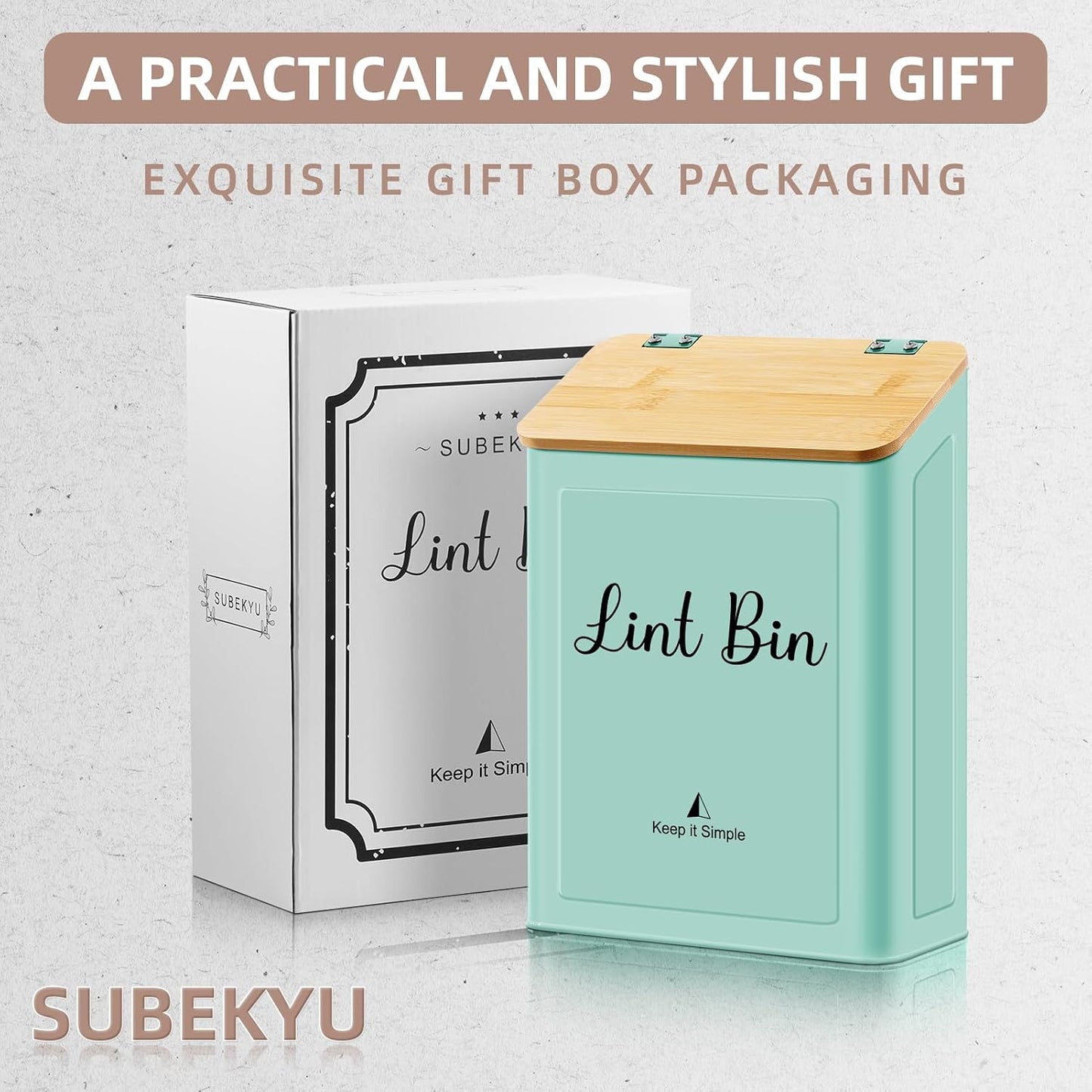 SUBEKYU Magnetic Lint Bin for Laundry Room Organization and Storage,White | Wall Mounted Metal Lint Box Holder Trash Can with Bamboo Lid for Dryer,Lint Basket for Laundry Room Decor