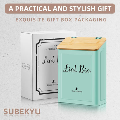SUBEKYU Magnetic Lint Bin for Laundry Room Organization and Storage,White | Wall Mounted Metal Lint Box Holder Trash Can with Bamboo Lid for Dryer,Lint Basket for Laundry Room Decor