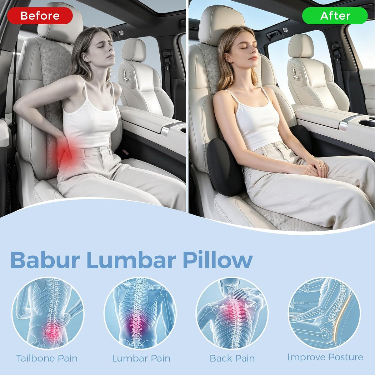 BEBAS Lumbar Support Pillow for Car, Memory Foam Back Cushion for Driving