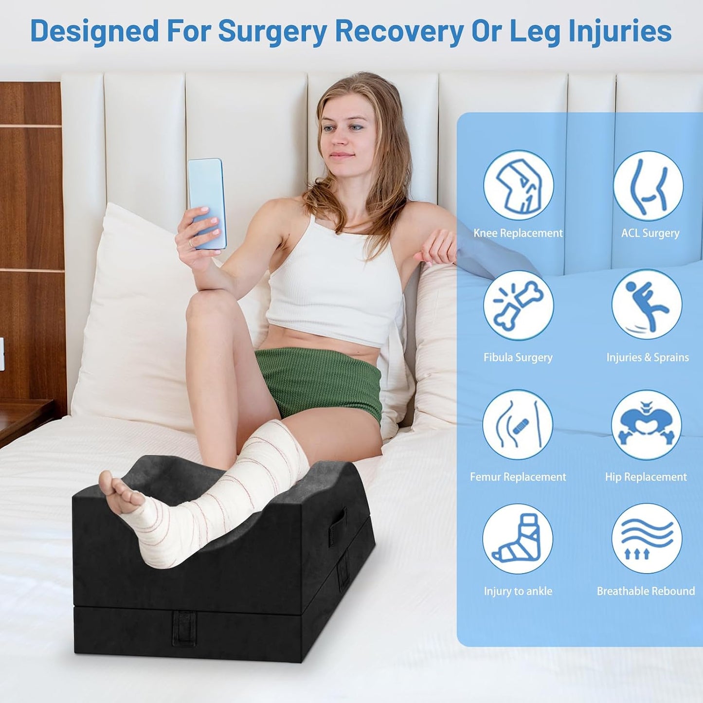 TranquilRelax Leg Elevation Pillow for After Surgery, Wedge Pillow, Grey | Single-leg design, adjustable height, U-shaped cradle, supportive memory foam, washable cover, leg elevation for swelling