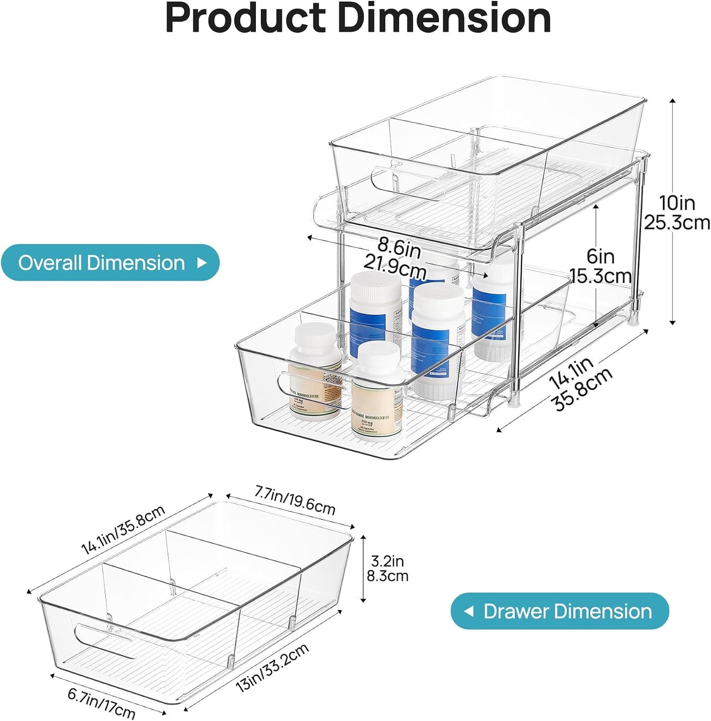 Vtopmart 2 Pack Pull Out Bathroom Under Sink Organizer (S-Standard) | Slide-out drawers, Multi-purpose storage, Clear visibility, Easy Set-up