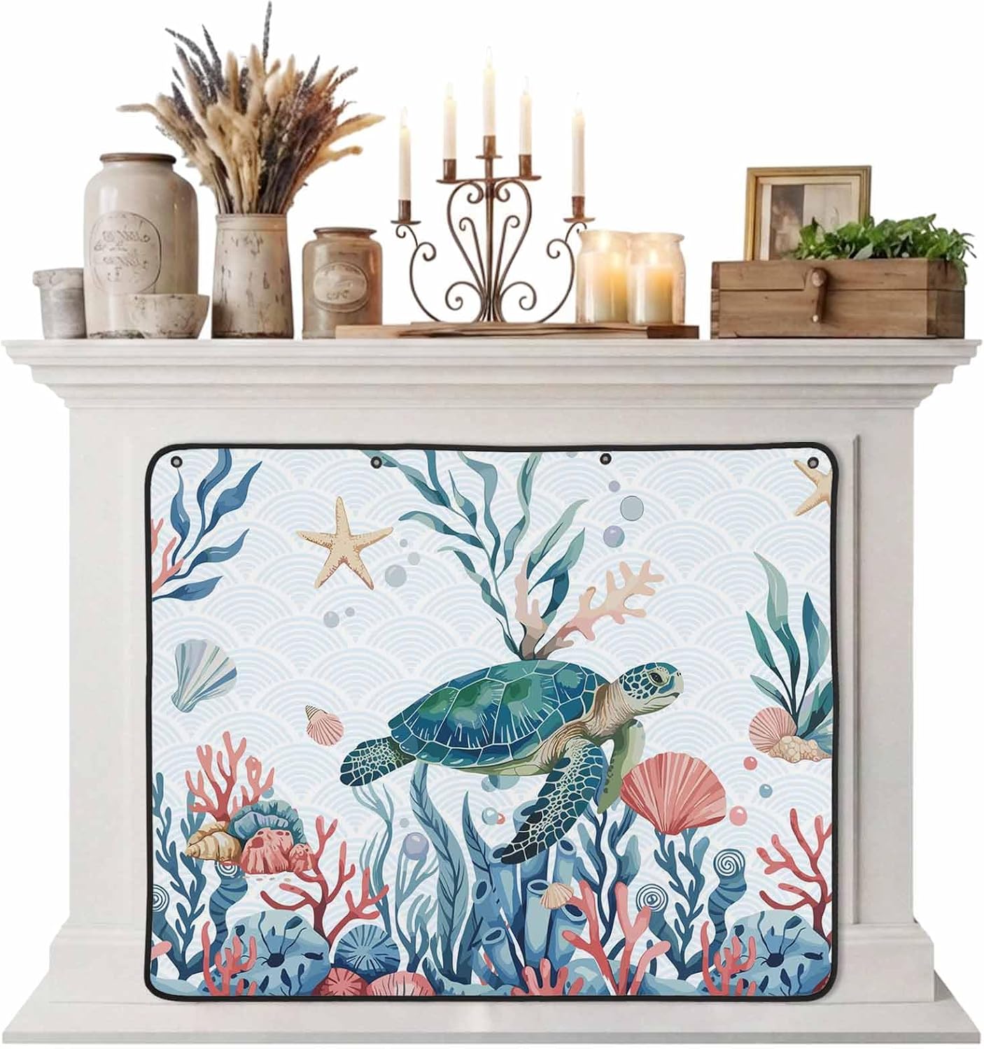 Magnetic Fireplace Cover Turtle Coral Starfish Fireplace Screen Decorative Shell Ocean Marine Life Insulation Fireplace Blocker Save Energy Fireplace Draft Stopper Covers for Living Room 39x32 Inch
