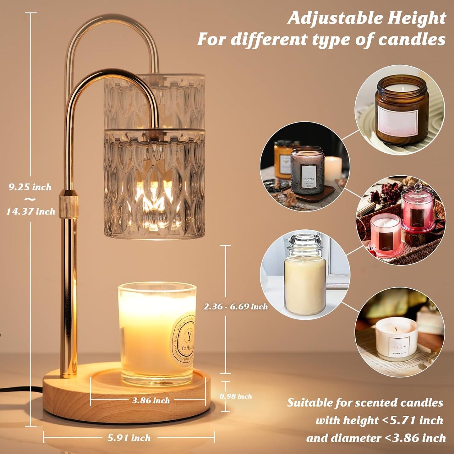 HAIDOLIANG Blue Candle Warmer Lamp with Timer and Dimmer | Height and Brightness Adjustable,Glass Electric Wax Warmer with 2 Bulbs for Women Gifts, Home Decor for Scented Jar Candles