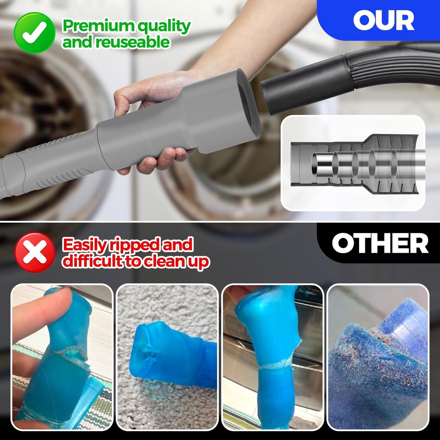 Holikme Dryer Vent Cleaner Kit 2Pack - Lint Vacuum Attachment & Brush | Blue Dryer Vent Vacuum Hose Attachment & Brush Reach Deep Traps - Remove Hidden Lint, Speed Drying & Reduce Fire Risk