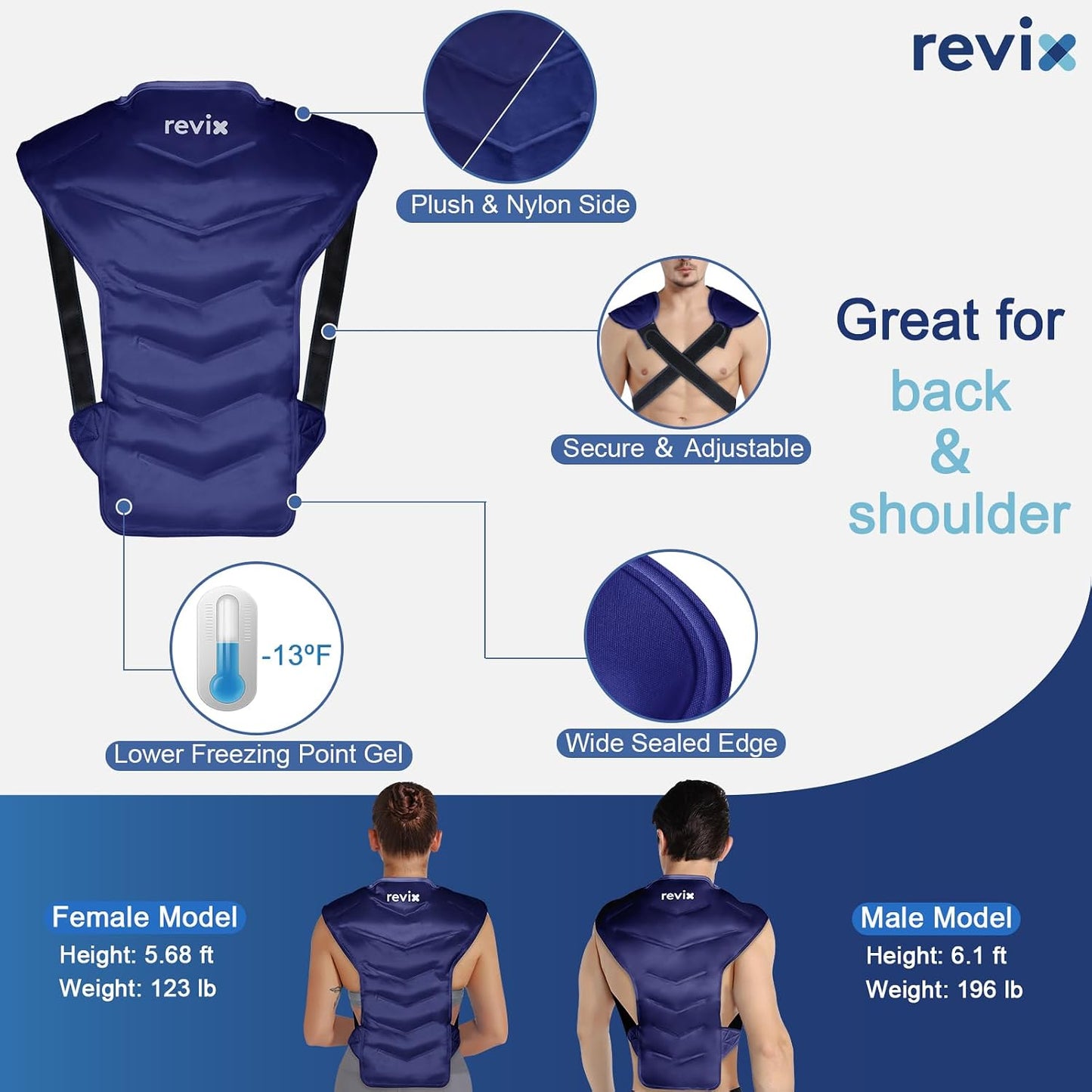 REVIX Large Ice Pack for Back and Shoulder Discomfort Relief, Reusable Gel Cold Pack with Soft Plush Lining, Flexible & Long-Lasting Cold Therapy Wrap, Navy