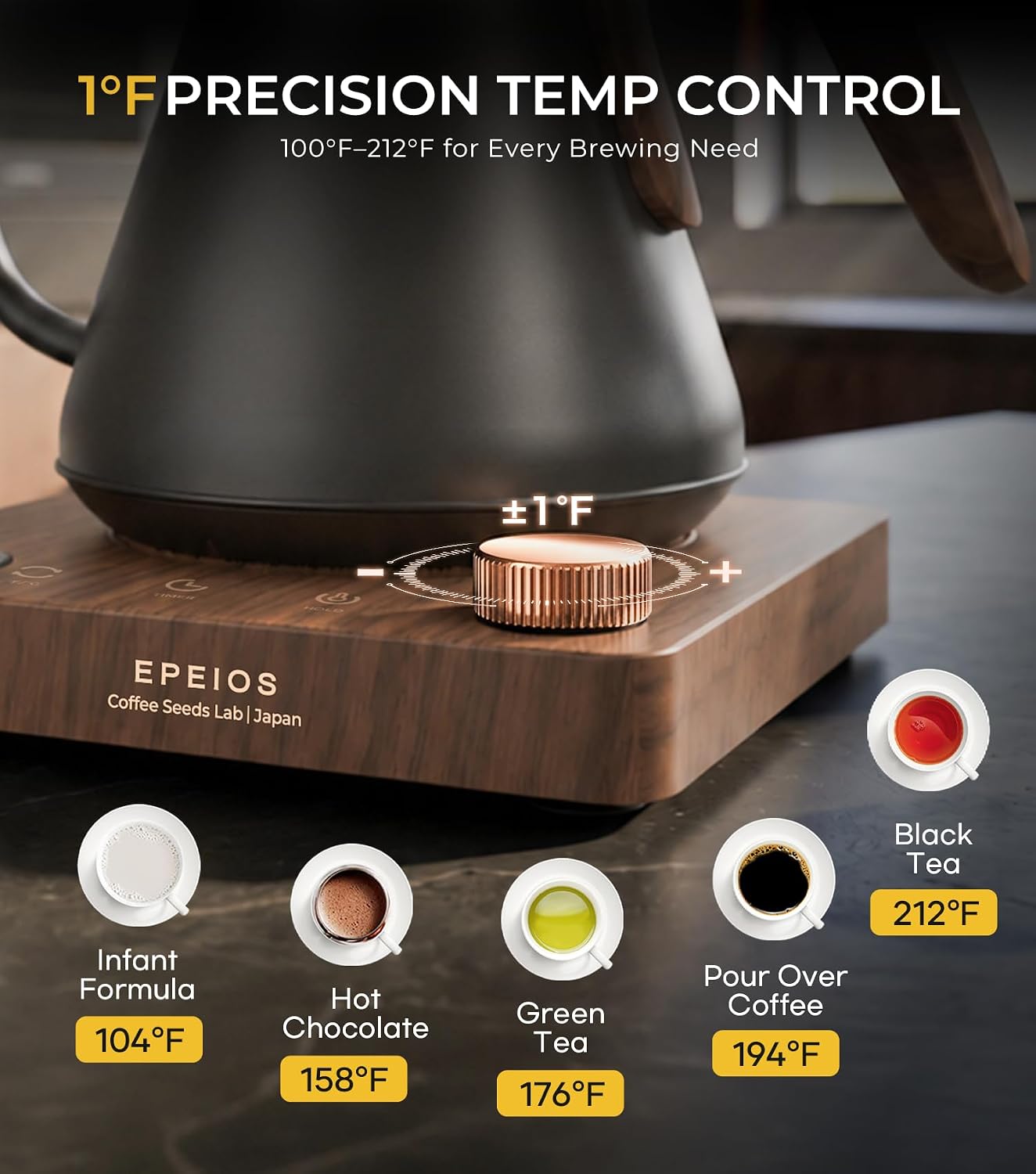 Epeios Gooseneck Electric Kettle 1°F Temperature Control,1200W,0.9L,Black | Rapid Heating, for Pour Over Coffee & Tea,Hot water Boiler,Brew Timer, 304 Stainless Steel Interior, Auto Shut-Off