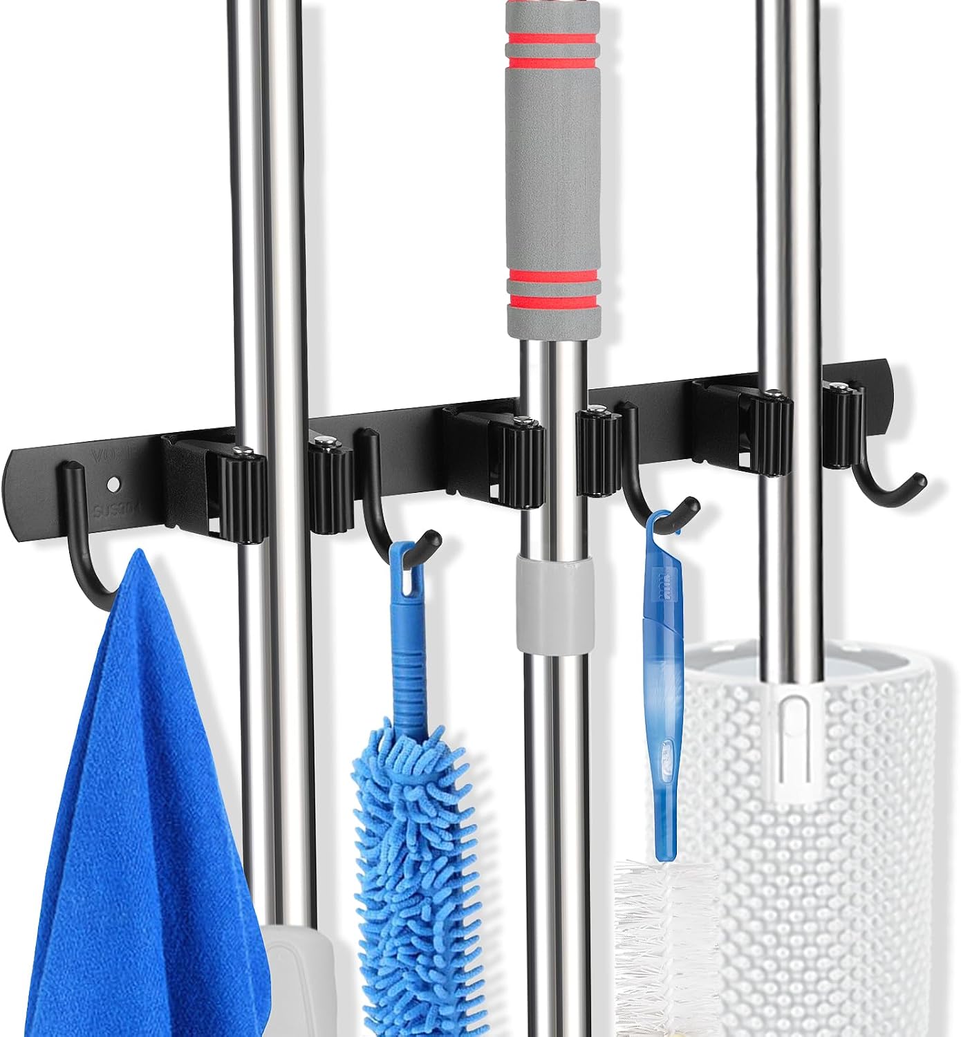 voze 5 Racks and 4 Hooks Mop and Broom Holder Wall Mount, Self Adhesive Heavy Duty Broom Hanger Organizer Storage Tool Racks for Kitchen Garden Laundry Garage