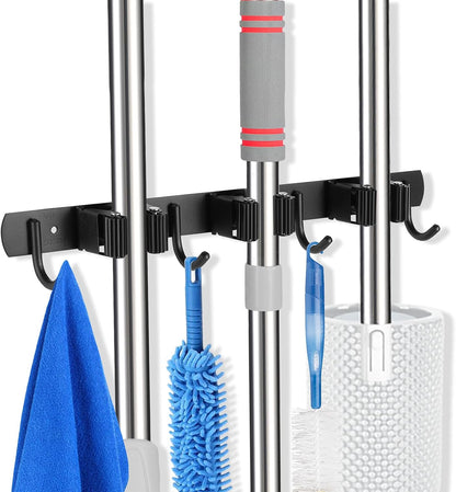 voze 5 Racks and 4 Hooks Mop and Broom Holder Wall Mount, Self Adhesive Heavy Duty Broom Hanger Organizer Storage Tool Racks for Kitchen Garden Laundry Garage