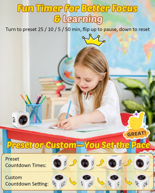 Digital Pomodoro Timer Cube 5/10/25/50min Preset, Silent & Sound Alarm