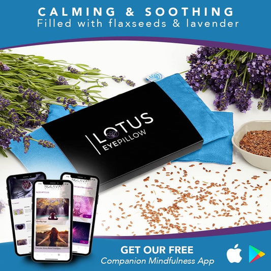 Lotus Lavender Eye Pillow - Weighted Mask for Yoga & Sleep | NOLAVA Sleep & Wellbeing App included; warm or cool headache relief; organic cotton, lavender-flaxseed fill.