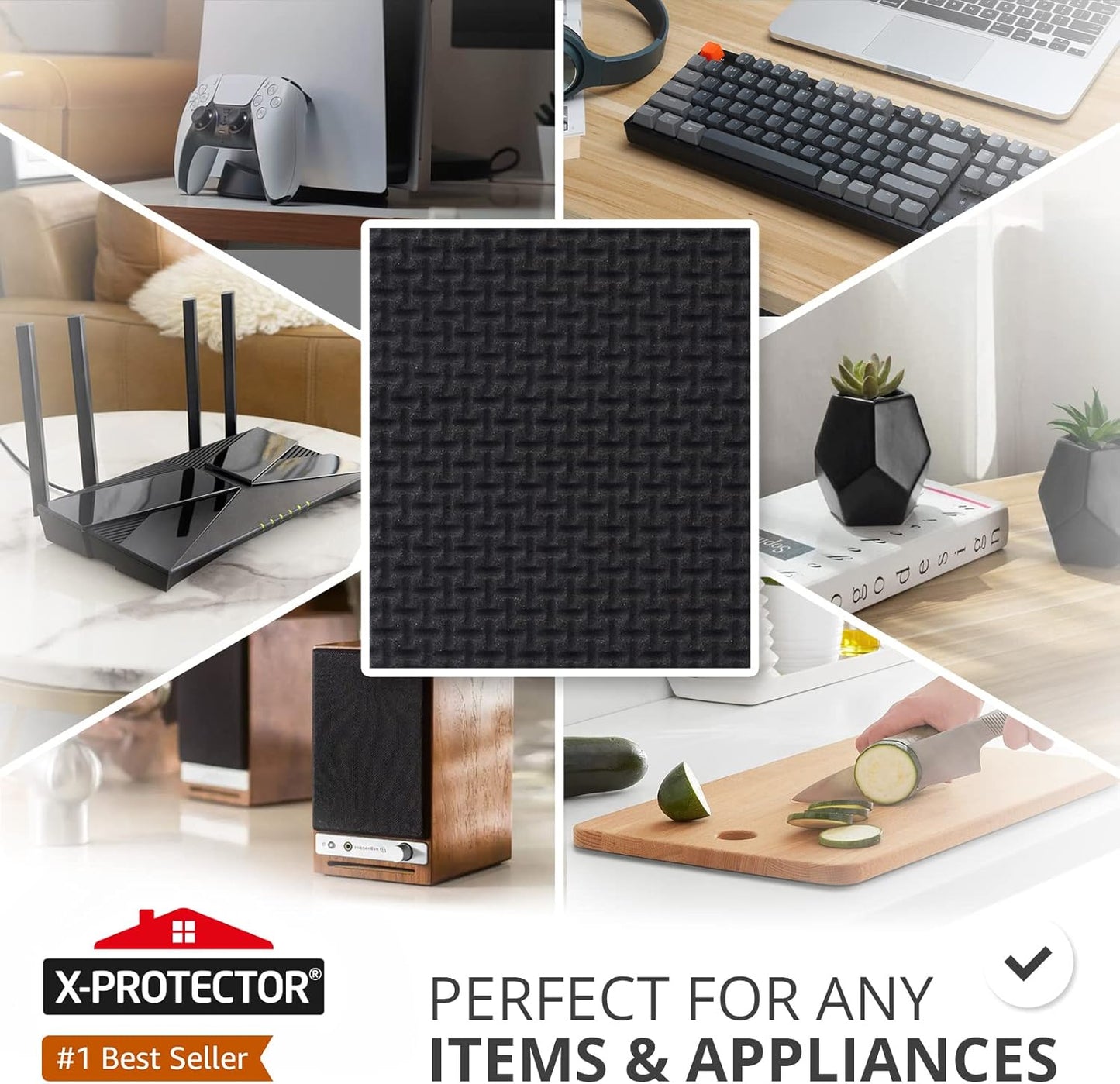 X-Protector Rubber Strip - 8 PC Non Slip Pads - Black Universal Grip Strips | Self-Adhesive Rubber Sticky Pads - Premium Feet for Keyboard, Appliances - Featuring an Amazing Super Sticky Gripping Pad