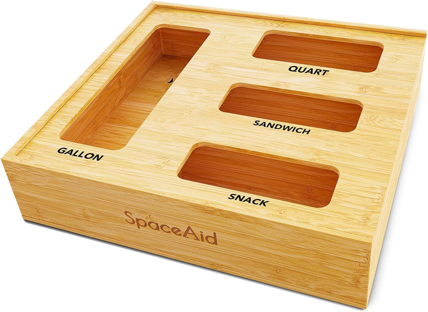 SpaceAid Bag Storage Organizer for Kitchen Drawer, Bamboo Organizer, Compatible with Gallon, Quart, Sandwich and Snack Variety Size Bag (1 Box 4 Slots)