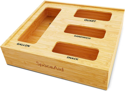 SpaceAid Bag Storage Organizer for Kitchen Drawer, Bamboo Organizer, Compatible with Gallon, Quart, Sandwich and Snack Variety Size Bag (1 Box 4 Slots)