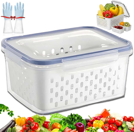4 In 1 Food Storage Container, Fruit Storage Containers for Fridge, Household Transparent Plastic Food Storage Box-Including Drain Basket, Soak, Wash, Drain, and Store (Gray, S+M+L)