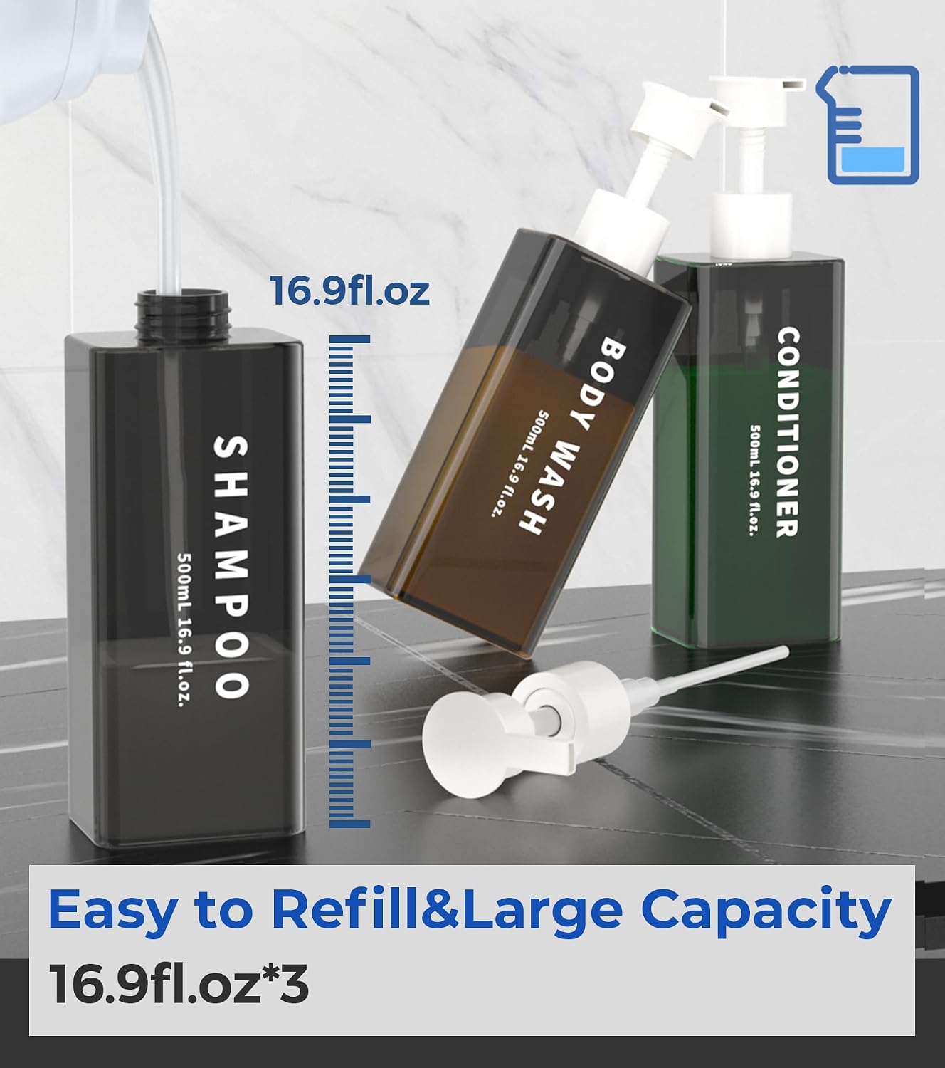 Shampoo and Conditioner Dispenser Shower Soap Dispenser 3 Chamber No Drill, 3 * 16.9 fl.oz Shampoo Dispenser for Shower Wall Mounted Shower Shampoo Dispenser 3 Chamber for Bathroom Hotel Black