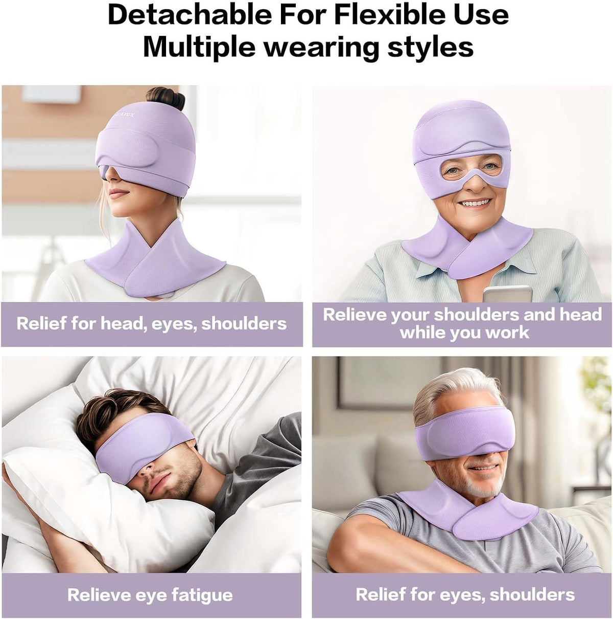 3 in 1 Migraine Relief Cap Neck Ice Pack Wrap Gel and Ice Eye Masks, Detachable Ice Caps with Eyes Masks, Hot and Cold Therapy for Relief of Headaches, Stiff Neck and Eye Fatigue (Purple)