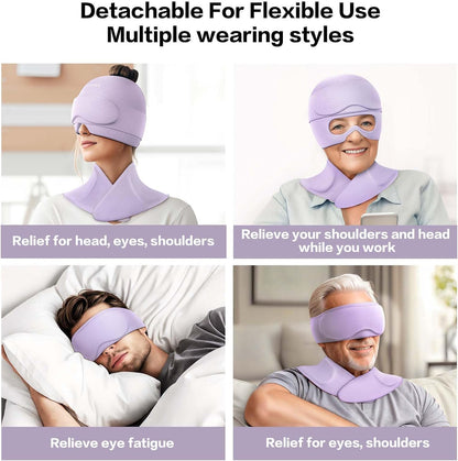 3 in 1 Migraine Relief Cap Neck Ice Pack Wrap Gel and Ice Eye Masks, Detachable Ice Caps with Eyes Masks, Hot and Cold Therapy for Relief of Headaches, Stiff Neck and Eye Fatigue (Purple)