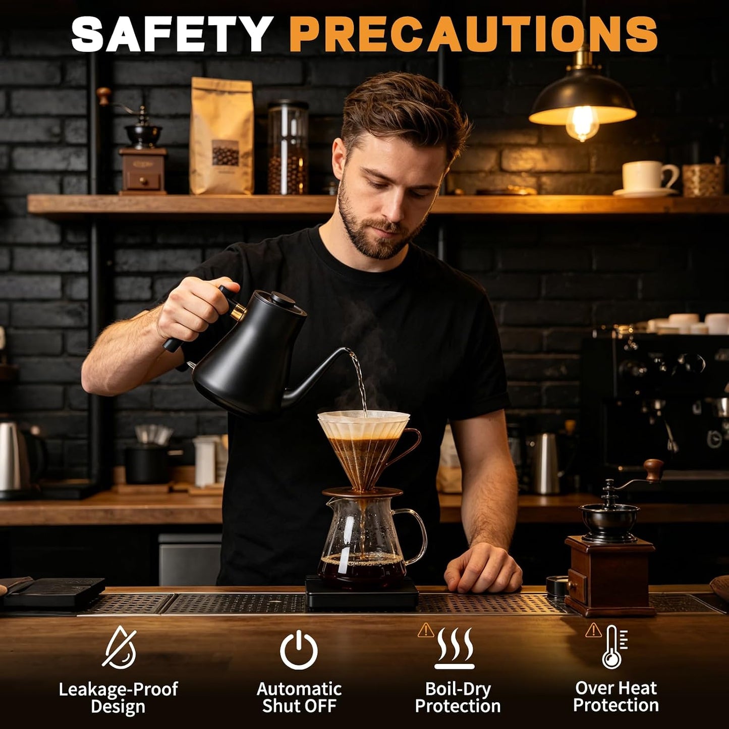 Gooseneck Electric Kettle 1000W | Pour Over Coffee Kettle with Steady Flow Spout & Balanced Handle, 0.8L Matte Black Tea Kettle for Home Barista Espresso Station Countertop- Black
