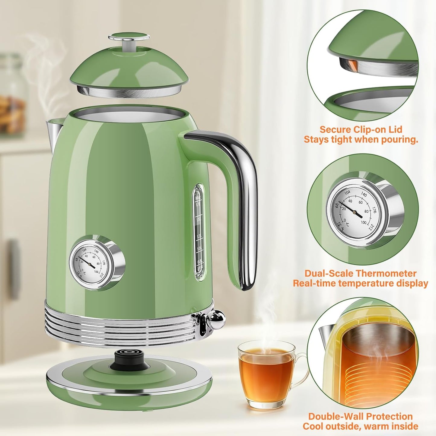 Electric Kettle, 1.7L Tea Kettle with Thermometer, Retro Green | 1500W Stainless Steel Hot Water Pot Kettle, Fast Boil Cordless Electric Kettle, Auto Shut-Off & Boil-Dry Protection