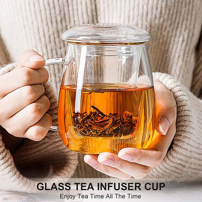 Glass Tea Infuser Cup with Lids and Handle for Blooming & Loose Leaf, 14oz | Borosilicate, Heat Resistance, Lead-free, Microwave & Dishwasher Safe