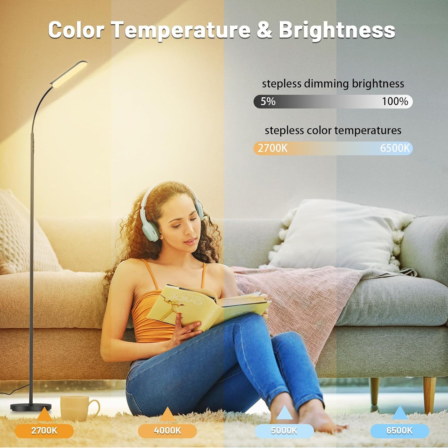 Yikuneng Dimmable LED Floor Lamp, Super Bright Reading Lamps Floor Standing lamp with Remote & Touch Control, Stepless Dimming & 2700K-6500K Color Temperature, for Living Room Bedroom Office, Black