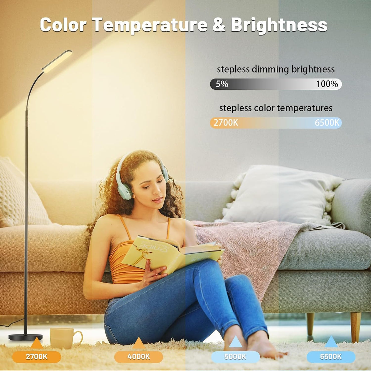 Yikuneng Dimmable LED Floor Lamp, Super Bright Reading Lamps Floor Standing lamp with Remote & Touch Control, Stepless Dimming & 2700K-6500K Color Temperature, for Living Room Bedroom Office, Black