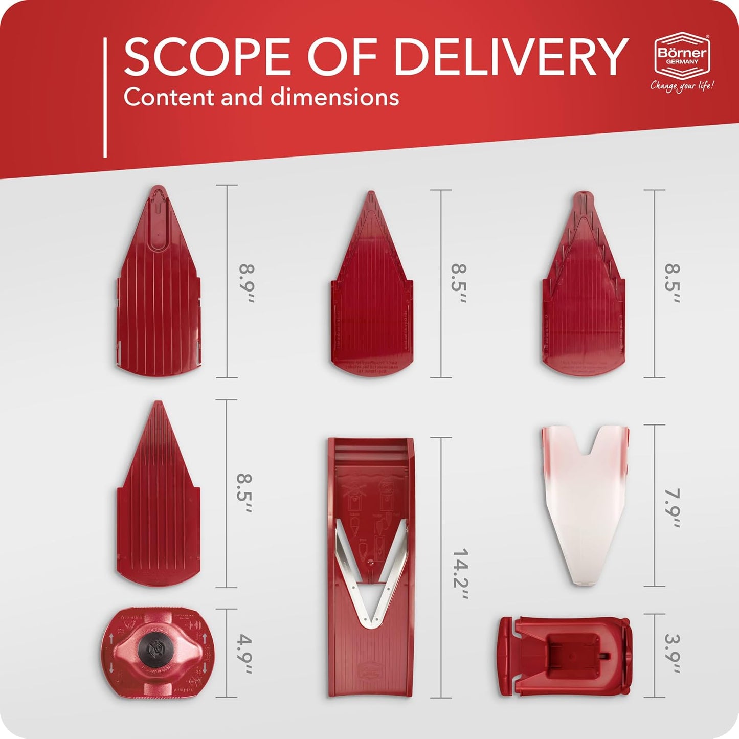 Mandoline Food Slicer Börner V1 (Profi Set) by Reston Lloyd • V-Slicer with 4 Inserts, Docking Station & Food Holder • Made in Germany • Fruit & Vegetable Chopper • Multiple Settings • Color: Red
